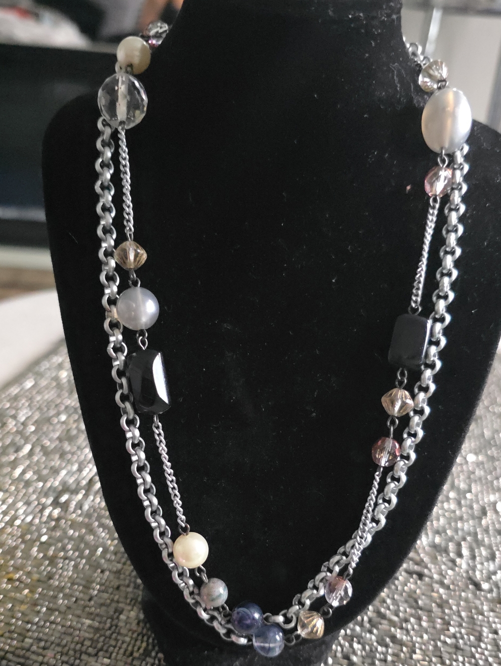 Lia Sophia Multi-Strand Black, Silver and Pearl Accent Necklace